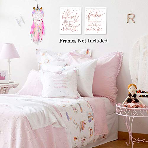 She Believe She Could So She Did-Be Fearless In The Pursuit Of What Sets Your Soul On Fire With Polka Dot Rose Gold Foil Print,Inspirational Quote Cardstock Art Print (Set Of Two,8X10 Inch,Unframed) #TOP3