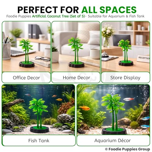 Image of Foodie Puppies Aquarium Plastic Plant Green Artificial (CoconutTree, Small, 6 x 3 x 10 cm) with Resin Base | Decorative Fish Tank Ornament for Freshwater & Saltwater Tanks (Set of 5)