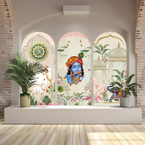 Image of Ridit Creation Lord Krishna Spiritual Wall Poster Set of 3 with Om Symbol, Cow and Elephant Temple Arch Design | Religious Wall Art Poster for Living Room, Pooja Room, Mandir Decoration | Modern Indian Decorative Wall Posters