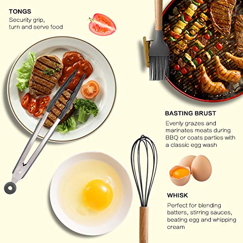 MIBOTE 17 Pcs Silicone Cooking Kitchen Utensils Set with Holder, Wooden Handles Silicone Turner Tongs Spatula Spoon Kitchen Gadgets Utensil Set for Nonstick Cookware (Grey) by MIBOTE - Image 4