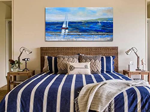 Ardemy Blue Abstract Canvas Wall Art Seascape Summer Painting Landscape Picture Textured Modern Sailboat Ocean Artwork Framed For Living Room Bedroom Bathroom Home Office Wall Decor Large Size 48"X24" #TOP2
