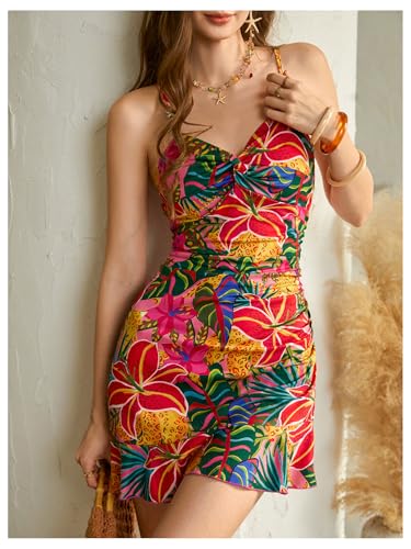 Image of Floerns Women's Summer Tropical Twist Front Ruched Ruffle Hem Bodycon Cami Dress