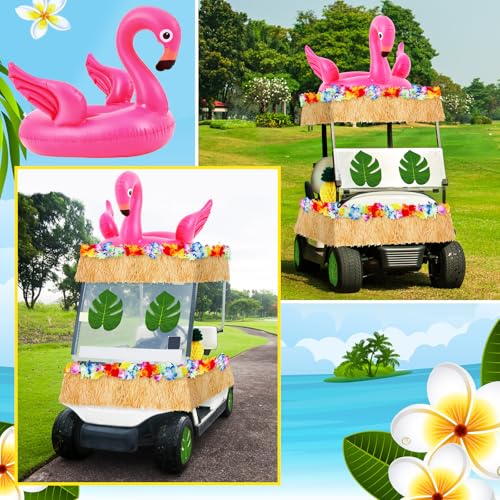 Image of WinnerWhy 29 Pcs Summer Tropical Golf Cart Parade Decorations Tropical Flower Leis Tinsel Garland Grass Fringe Banner Inflatable Flamingo Tube Paper Pineapples Leaves for Luau Party Supplies
