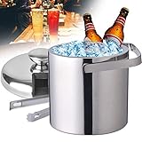 1.3L Stainless Steel Ice Bucket - Double Wall Insulated w/Lid & Scoop, Keeps Ice Cold for Hours (Perfect for Wine, Champagne, Cocktails)