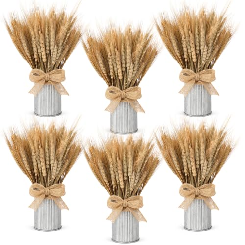 APUDWN 6Pcs Fall Wheat Centerpiece for Tables, Silver Metal Vase Decoration