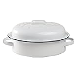 Enameled Roasting Pan with Lid, Covered Roaster Pan Oval Pot Enamelware Cookware, 15.5 Inch, Vintage Farmhouse White