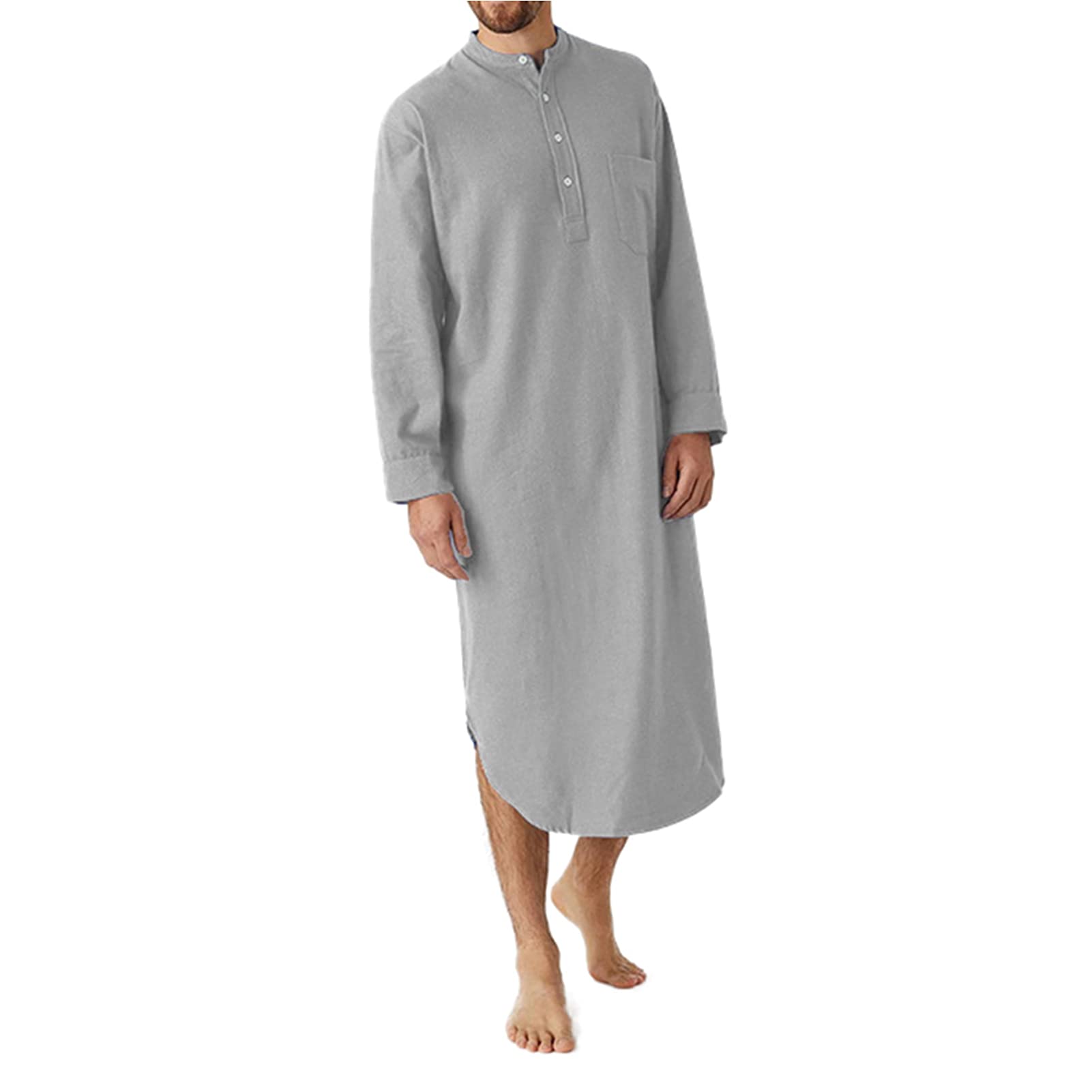 Bawełniane koszule do spania dla mężczyzn - Męska bielizna nocna z długim rękawem Henley Neck Nightgown Islamic Arab Robe