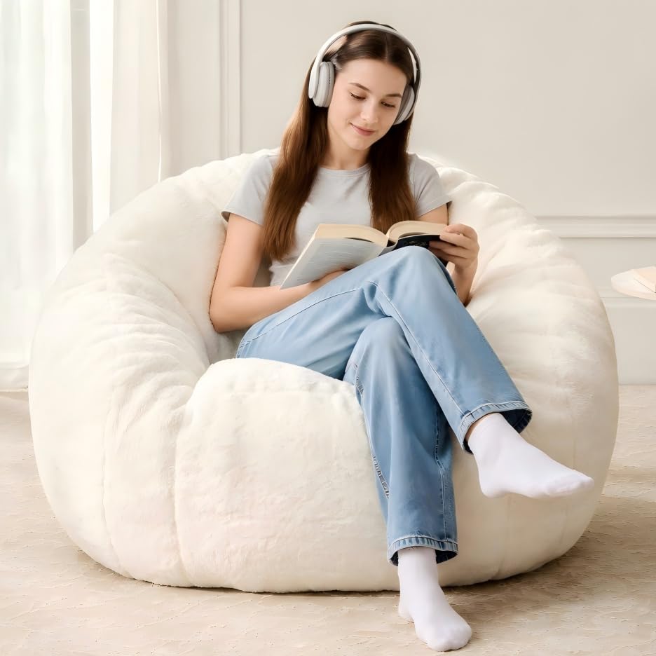 Image of HUGHEAVEN Medium Memory Foam Bean Bag Chair for Adults & Kids - 3ft Fluffy Floor Chair Lounger| Cozy Faux Fur Reading Nook Chair, Comfy Beanbag Sofa Couch, Floor Seating Foam Seat with Filler