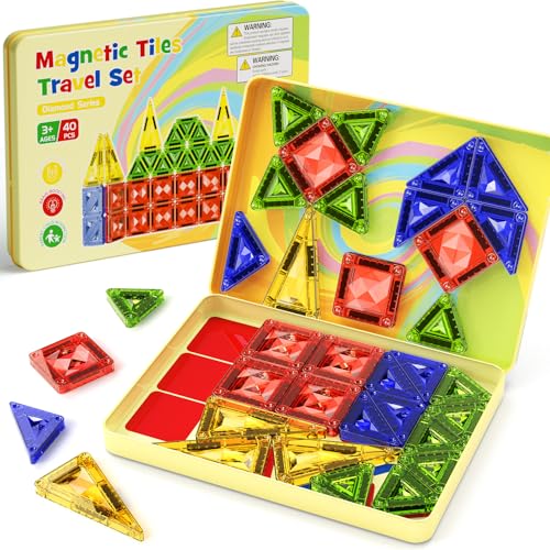 Diamant Magnetische Bausteine Reisespielzeug 40 Teile Magnetisches Reisen Spielzeug mit Metallbox STEM Reisepiel für Autofahrten Reisen Magnetbausteine Spielzeug Geschenk ab 3 Jahren (10 % dicker)