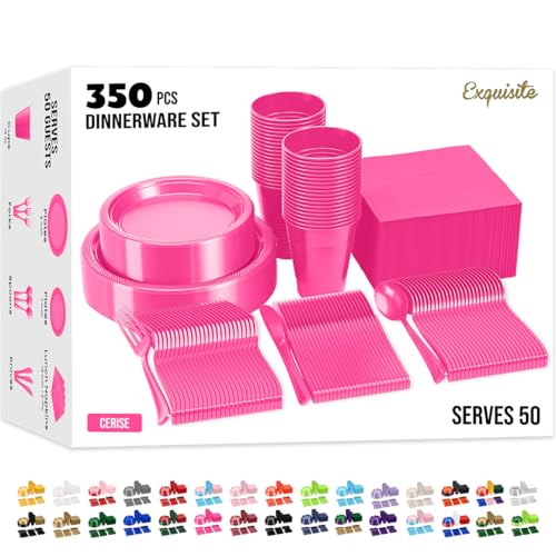 Image of Exquisite 350 Pcs Hot Pink Plates and Napkins Party Supplies Plate Sets | Sturdy Plastic Dinnerware Set With 9 inch & 7 inch Plates, 12 Oz Cups, Lunch Napkins and Cutlery Serves 50 for Birthdays & Everyday