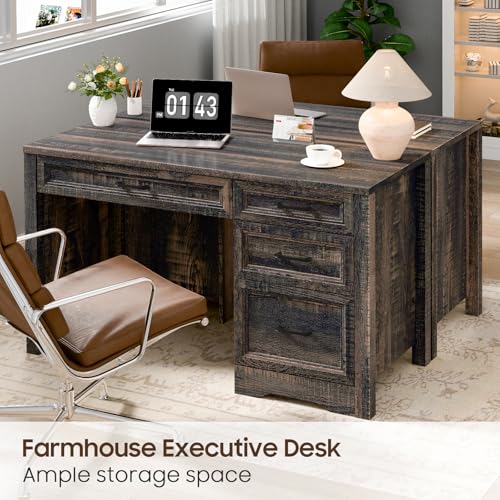 Image of Vabches Farmhouse Executive Desk with Storage and Ample File Drawer, Rustic Large Home Writing Desk for Bedroom, Dark Oak