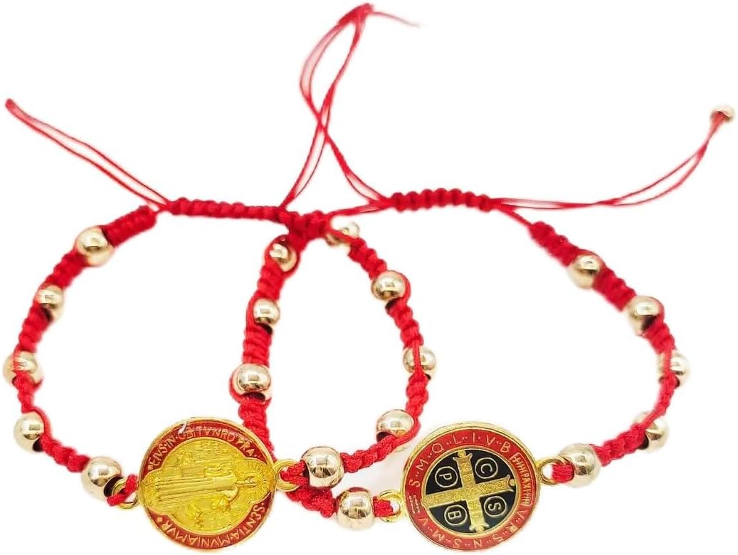 2 Pack St Benedict Bracelet Red String for Protection - Adjustable San Benito Medal Rosary Bracelets for Men Women - Catholic Religious Knot Prayer Beads Gift for Confirmation Faith & Good Luck Charm