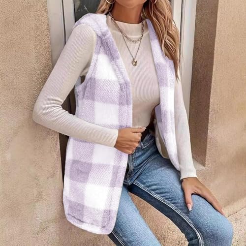 Womens Fleece Vest Checkered Long Sherpa Vest Fall Hooded Furry Coat Flannel Sleeveless Cardigan Sweater2