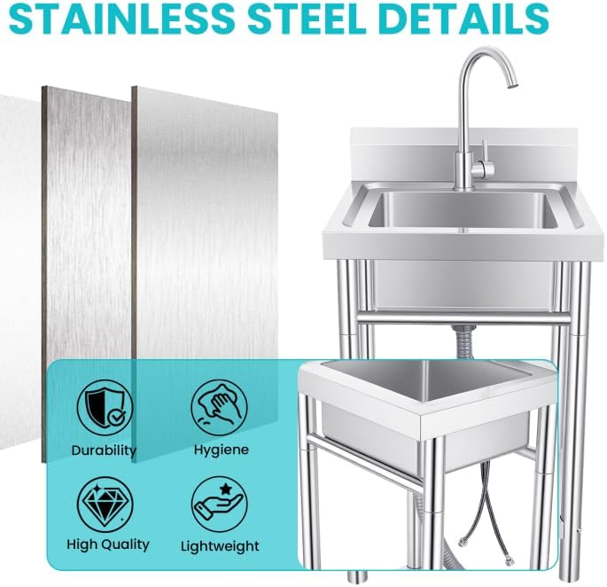 360°Rotation & Removable Strainer Stainless Steel Utility Sink, Commercial Kitchen Single Bowl Sink, Stainless Steel Sink with Bottom Partition Board for Bar, Restaurant