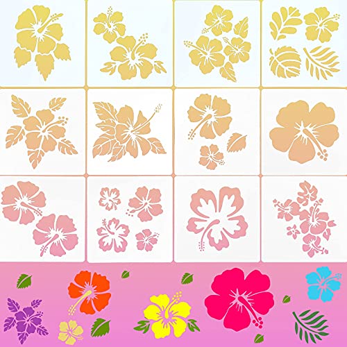 12 plantillas de hibisco para pintar flores hawaianas, plantillas de flores grandes para álbumes de recortes, dibujo, manualidades, dibujo y decoración del hogar de madera, 15,2 x 15,2 cm