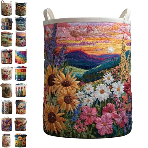 Image of Quilted Laundry Baskets with Handles, Large Floral Fabric Hampers, Extra Soft Boho Chic Storage Organizer for Nurseries, Collapsible Clothes Bins, Portable Bedroom Washing Container