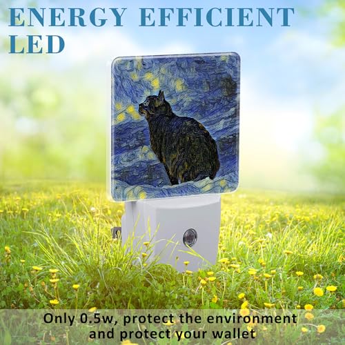 Image of Plug in Night Lights Starry Sky Black cat Painting Nightlight Plug Into Wall Dusk to Dawn Sensor LED Night Light for Kid Girls Boys Room Decor, Hallway, Kitchen, Bathroom, Nursery, Stairs