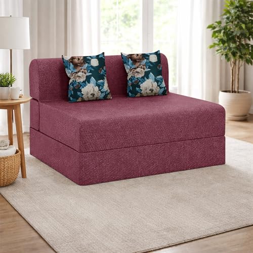 Image of VANSH FURNITURE - Foldable Two Seater Sofa Bed 4 X 6 Ft Jute Fabric Washable Cover Sofa Cum Bed with Cushions Convertible Sofa Bed for Home (Maroon Color - Pre-Assembled)