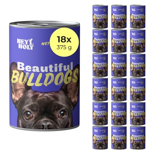 HEY HOLY Premium Nassfutter für Bulldoggen | 18x 375g Hundefutter für ausgewachsene Bulldoggen mit Lachs | Hochverträglich aus natürlichen Zutaten