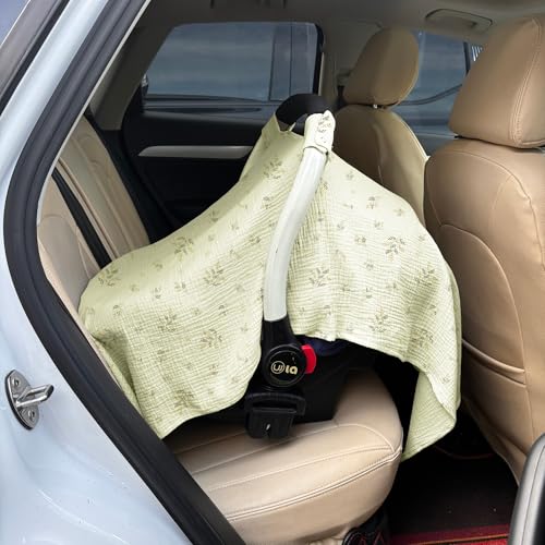 Image of 100% Muslin Cotton Car Seat Cover Baby, Carseat Canopy Cover, Universal Fit Stroller Covers for Boys and Girls (Green Beige Leaf)