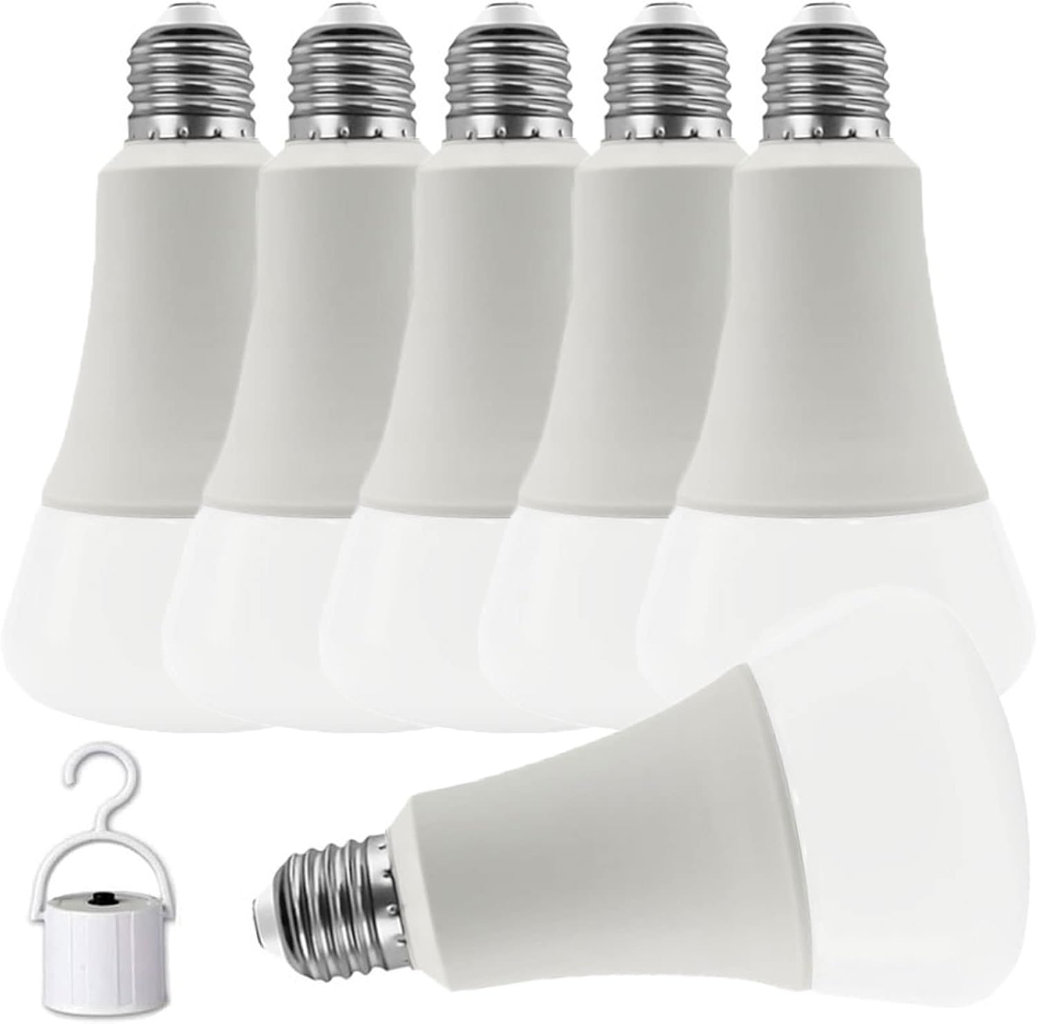 Rechargeable Emergency LED Bulb 12W Multi-Function Battery Backup Emergency Light with Hook E26/E27 LED Intelligent Emergency Bulb Daylight White 85-265V for Power Outage, Camping, Hiking, 6-Pack