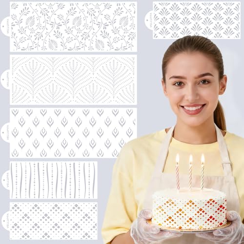 Velluppa 6PCS Cake Stencils Decorating for Buttercream, Bendable Stencils for Cake Decorating, Floral Lace Stencil for Decorating Wedding, Birthday (K3)