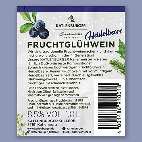 KATLENBURGER - Heidelbeer Fruchtglühwein | Fruchtiger Glühwein aus Fruchtwein, Heidelbeersaft und Glühweingewürz. Bringt den Sommer-Geschmack in kalte Wintertage. Inhalt: 6x 1L und 8,5% vol.