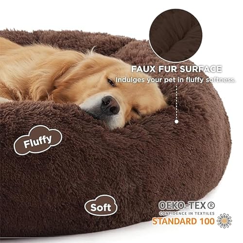 Image of ZEXSAZONE Summer Colling Calming Donut Dog Bed Mat for Medium Dogs & Cats | Ultra Soft Plush Washable Round Pet Bed | Anti-Slip Bottom Dog Mattress | Fluffy Cozy Pet Cushion | Coffee | 70 x 70 x 15 cm