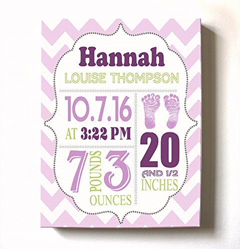Personalized Stretched Canvas Birth Announcement Gift, Custom Baby Name, Date, Weight Stats, Newborn Footprint Nursery Wall Art Decor, Wooden Frame Construction, Ready to Hang 24X30