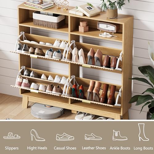 Image of HUANLEGO Shoe Cabinet Storage for Entryway with 4 Flip Drawers, Fluted Narrow Shoe Organizer with Wooden Legs & Top Cubby, Freestanding Slim Shoe Storage Hidden Shoe Rack for Front Door Entrance, Oak