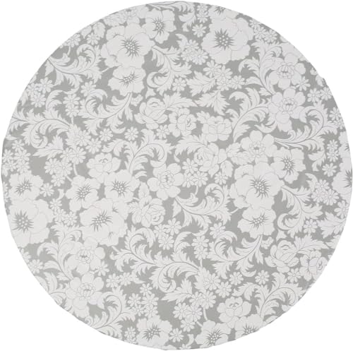 GRISHA Waterproof Round Tablecloth,Elastic Edged Fitted,Oilcloth,PVC,Wipeable,Outdoor circular plastic cover. (Grey Flowers, 114x142cm) - Image 3