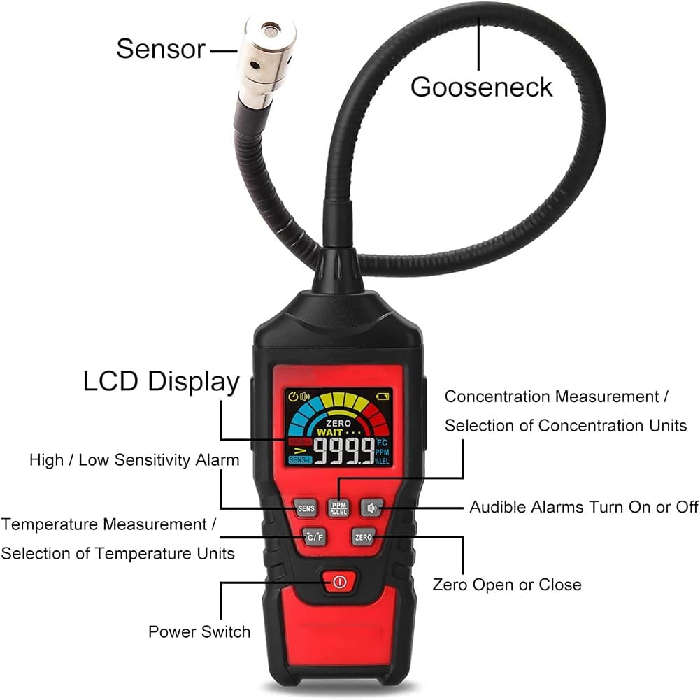 Portable Gas Detector, Handheld Combustible Gas Analyzer, >50ppm Display Range, 400mm Hoses, LCD Color Display for Locating Propane and Natural Gas Sources