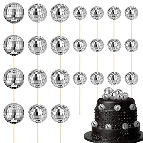 GSrenyu 24pcs Disco Ball Cake Toppers 1970s Disco Ball Cake Decorations