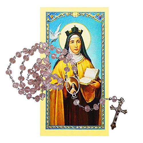 Saint Teresa of Ávila Teresa de Jesus Rose Faceted Rondelle 8mm Beads Rosary with Crucifix and Silver Plated Centerpiece Includes a Blessed Prayer Card2
