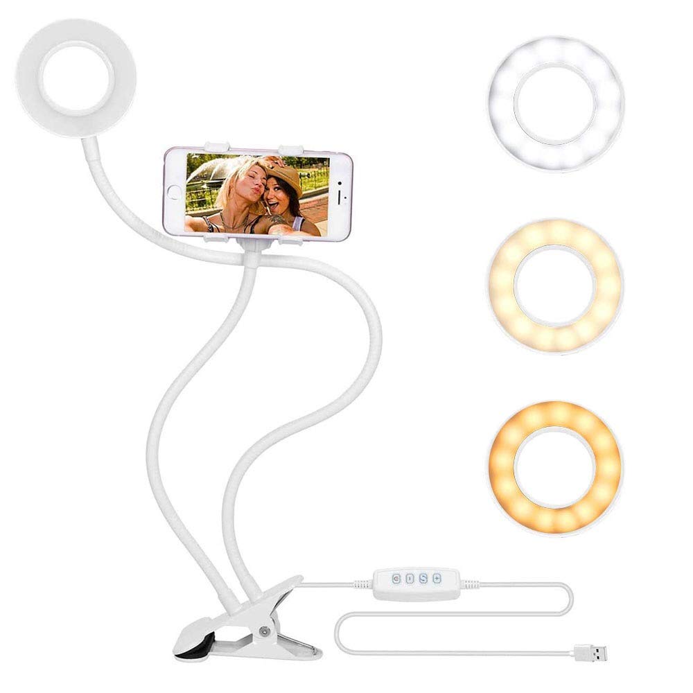 Raphycool Ring Light with Cell Phone Holder for Live Streaming, Dimmable [3-Light Mode, 10-Level Brightness] Clamp on Gooseneck Mount Stand with Selfie Light for YouTube, Facebook, Podcast & Makeup -