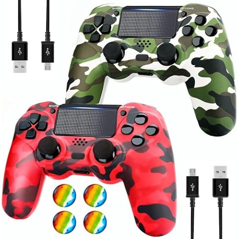 Dliaonew Wireless Controller for PS4, 2 Pack Remote Control Compatible with PS4/Slim/Pro with Dual Vibration/Audio/Six-axis Motion Sensor/Game Joystick - Camo Red + Camo Green Cover