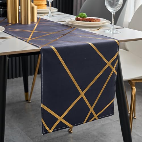 Brylleii Runner da Tavolo Blu Scuro Moderni 33 x 180 Runner Tavola Moderno Linee Oro Lavabile Decorazione da Centro Tavolo Centrini per Soggiorno Sala da Pranzo Primaverile Estivo Caffè