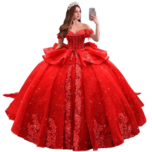 Zhangyo Off Shoulder Quinceanera Dresses Luxury Tiered Tulle Sweet 15 16 Dresses with Bow Sparkly Lace Tassels Ball Gown