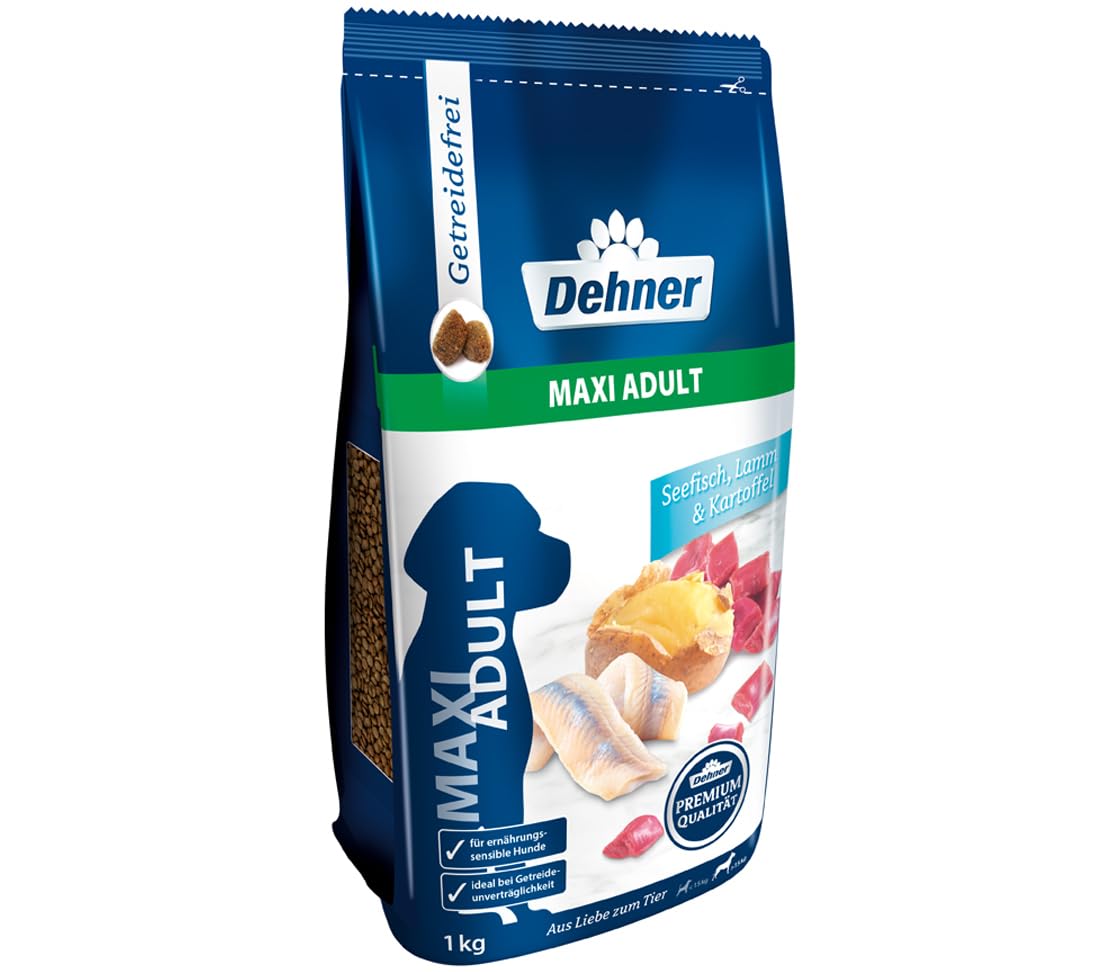 Dehner Comida para Perros Premium Maxi Adulto, sin Cereales, para Perros Adultos de Razas Grandes, Pescado/Cordero/Patata, 12,5 kg | Sin cereales, con patatas, para perros adultos de razas grandes