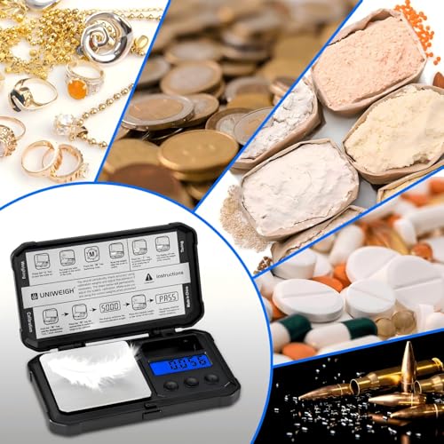 UNIWEIGH Milligramm-Waage 50g/0.001g Hochpräzise, Digitale Schmuckwaage Mit LCD/Tara, 6 Einheiten, Mikro-Gramm für Pulver, Medizin, Münze, Gold, Reloading - Inkl. Cal Weight, Batterien