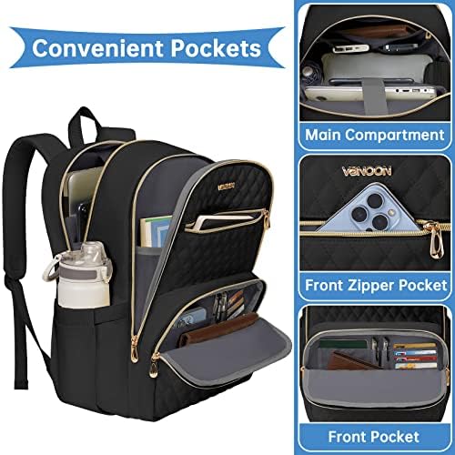 VSNOON Travel Laptop Backpack Women,15.6 inch laptop bag,Water Resistant Laptop Rucksack with USB Charging Port,Large Capacity Teacher Nurse Bags Casual Daypacks for Work,Black