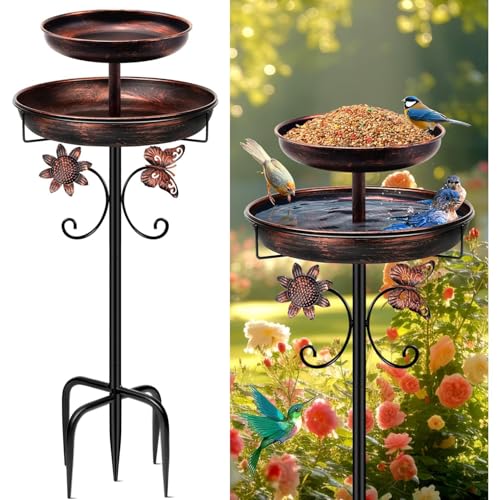 42In Vintage Metal Bird Feeder with Bath, Double Bowl 2-in-1 Bird Feeders and Bird Baths Supports for Outdoor Garden Patio Yard Lawn Bird Supplies
