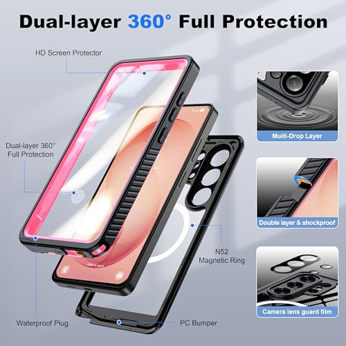 Image of ANTSHARE IP68 Waterproof Case for Samsung Galaxy S26 Ultra [2026] - MagSafe Compatible, Built-in Screen /Lens Protector - Shockproof Full Body Protection for Swimming /Outdoor, Pink /Clear