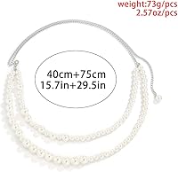 Vista 7 de Jumwrit Collar de cadena de perlas en capas y cinturón de cadena de cintura de plata, ajustable, accesorios para mujer, Perla, aleación