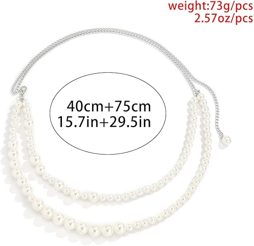 Miniatura 7 de Jumwrit Collar de cadena de perlas en capas y cinturón de cadena de cintura de plata, ajustable, accesorios para mujer, Perla, aleación