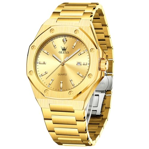 OLEVS Gold Watches for Men Octagonal Analog Quartz Men's Dress Watch with Calendar Date Luxury Golden Face Metal Band Big Wrist Watches for Men Vintage Waterproof Luminous Mens Wristwatch
