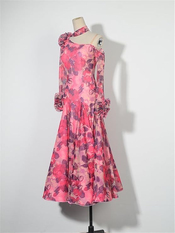 【美品 日本製 社交ダンス衣装】ピンク PASTIME ワンピース ドレス 花柄 hapyours] 社交ダンス衣装 ワンピースドレス 長袖 競技用 発表会用