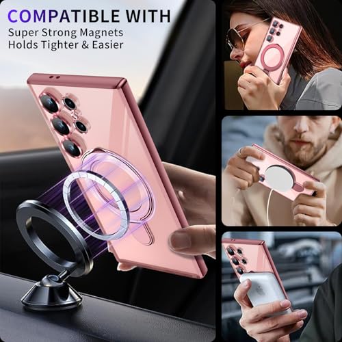 Image of Magnetic Stand & Full Camera Lens Protector Case for Samsung Galaxy S24 Ultra[Compatible with MagSafe][Military Drop Protective]Not Yellowing Clear Slim Soft S24 Ultra Phone Case for Women Men,Pink
