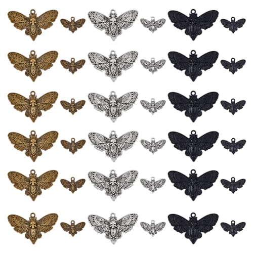 SUPERFINDINGS 36Pcs 3 Colors Moth Gothic Pendants 3 Sizes Black Silver Insect Charm Moth with Skull Head Animal Charms for Party DIY Jewelry Necklace Bracelet