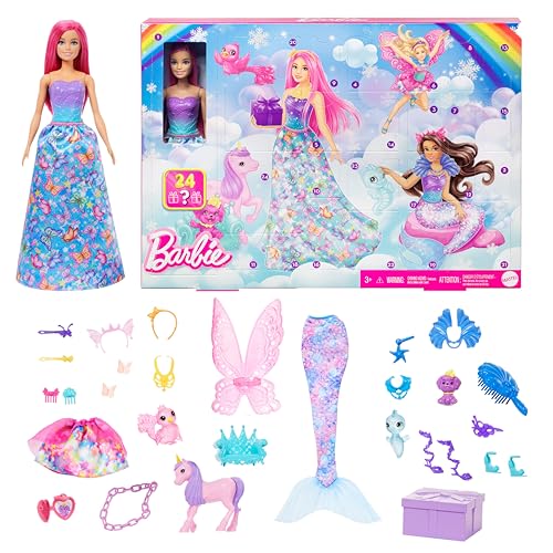 Barbie Advent Calendar with Doll & 24 Surprise Accessories Including Unicorn & 3 Pets Transform Pink-Haired Fashion Doll into Mermaid Fairy & More HRG90
